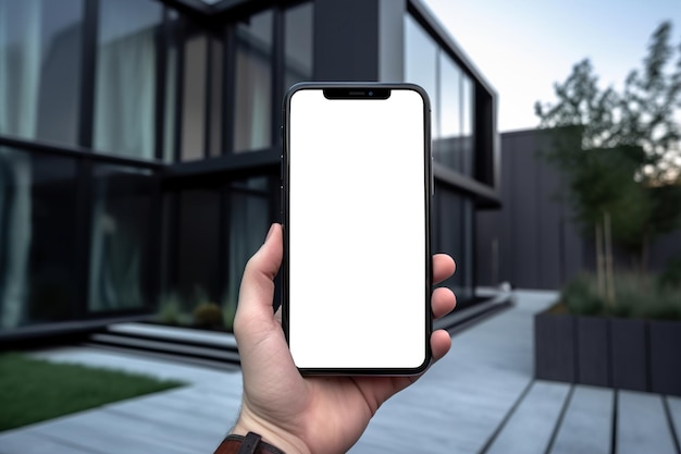 Smartphone with empty screen mockup with modern smart house in front Generative Ai