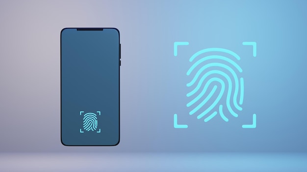 Smartphone with fingerprint scanner in 3D space Concept of digital security