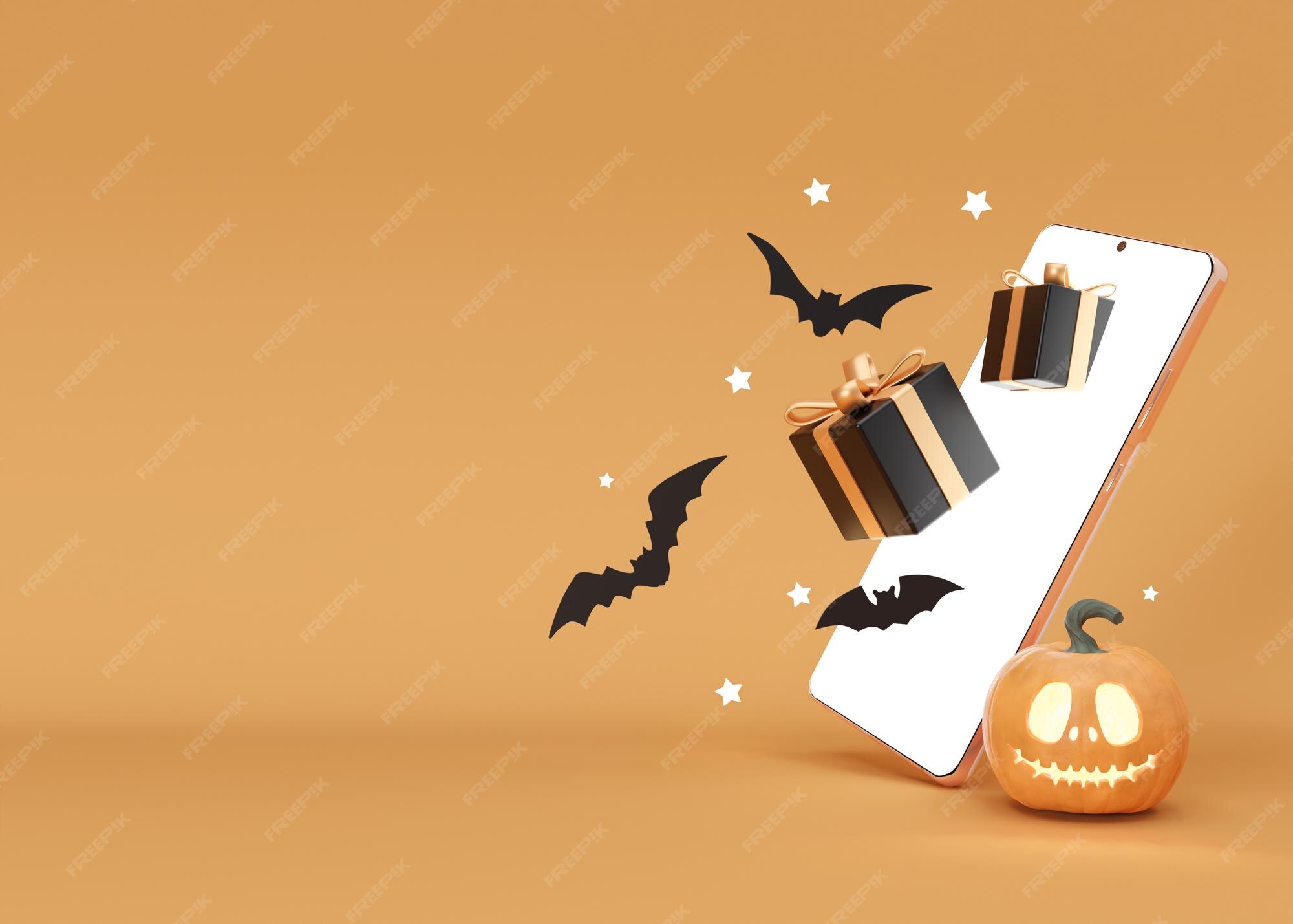 Premium Photo | Smartphone with flying gift boxes and halloween ...