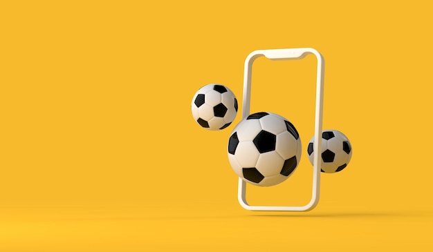 サッカーサッカーボールのスマートフォン。オンラインゲームまたはビデオストリーム。 3Dレンダリング。