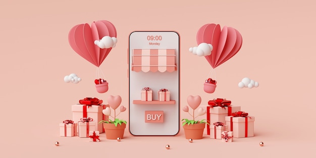 Smartphone with gift box and heart shape balloon 3d rendering