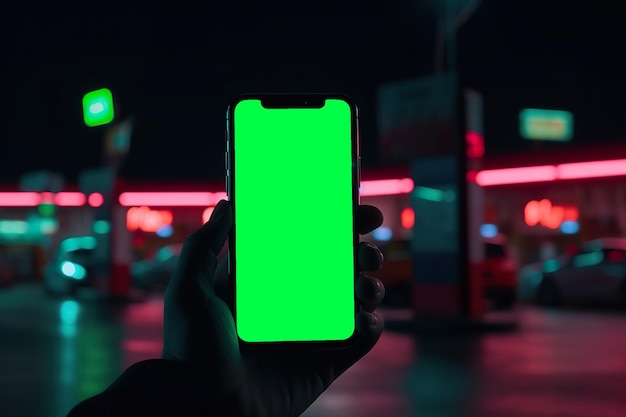 Смартфон с макетом экрана зеленого хроматического ключа с неоновыми огнями полуночного города Generative Ai