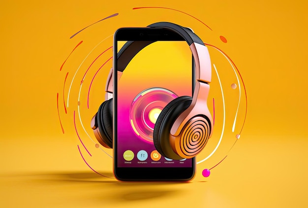 смартфон с наушниками и иконкой подкаста в темно-желтом и светло-пурпурном стиле