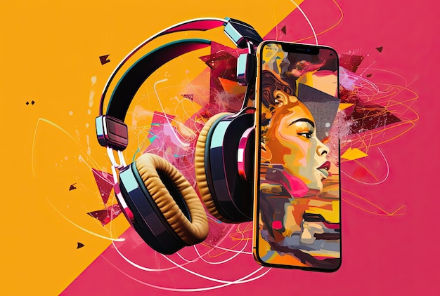 a smartphone with headphones and a podcast icon on it in the style of dark yellow and light magenta