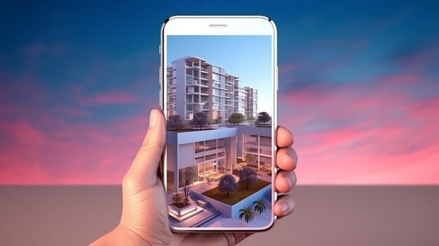 Foto smartphone con l'immagine di un appartamento moderno sullo schermo