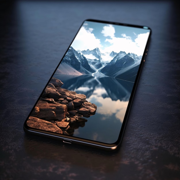 Smartphone with the image of mountains on the screen on a dark background