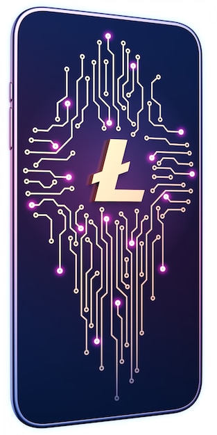 Litecoinシンボルと電話画面上の回路基板を持つスマートフォン。モバイルマイニングと取引の概念。