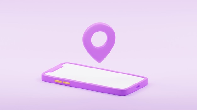 Smartphone with location pin icon on screen. Online delivery transportation logistics 3d render