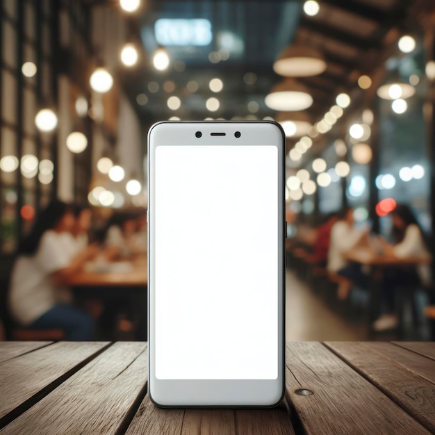 Smartphone with mockup white screen on wooden table on shop blured bokeh background ai generative