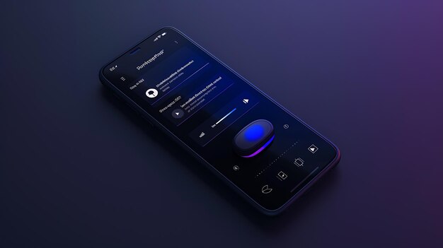 A smartphone with a music player app open The app has a dark blue background and a blue and purple gradient waveform