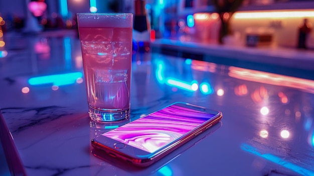 Smartphone with neon light on the bar counter in a nightclub