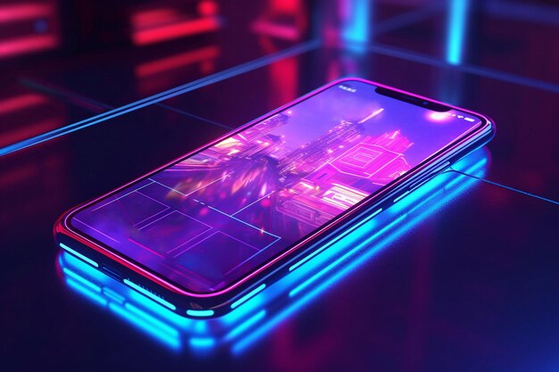 Photo smartphone with neon lights on the table