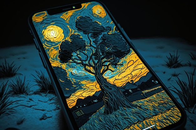디스플레이에 후기 인상주의 스타일의 그림이 있는 스마트폰 아름다운 그림 그림 Generativ