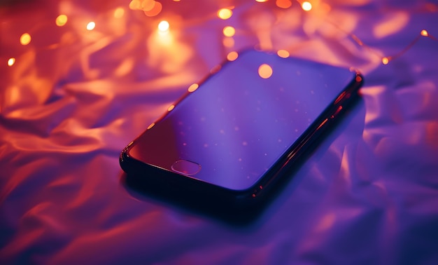 Photo smartphone with purple screen on the background of a garland