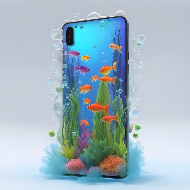 Smartphone with rainbow water plants fish bubbles seaweed clouds coming out of the screen