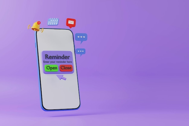 Smartphone with reminder notification and calendar with mail box 3D rendering illustration