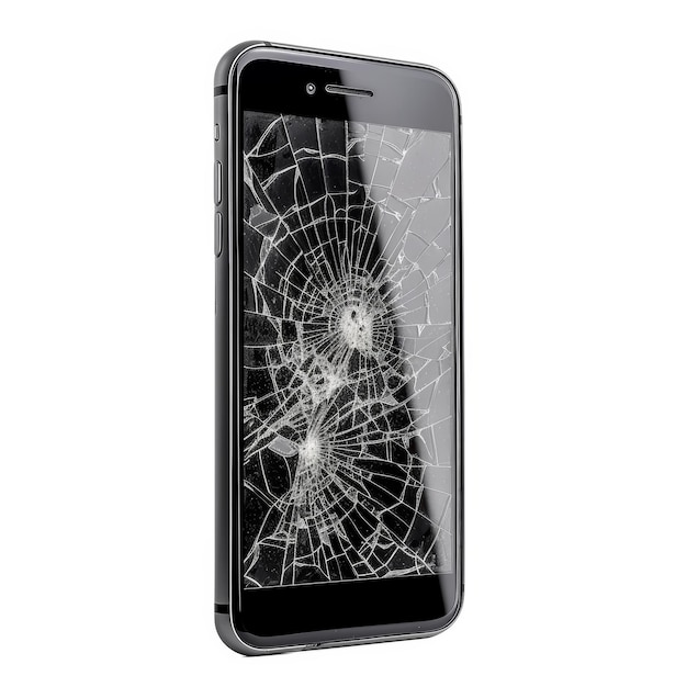 Смартфон с сильно треснувшим экраном, отображающим сложные модели повреждений, изолированные на белом фоне