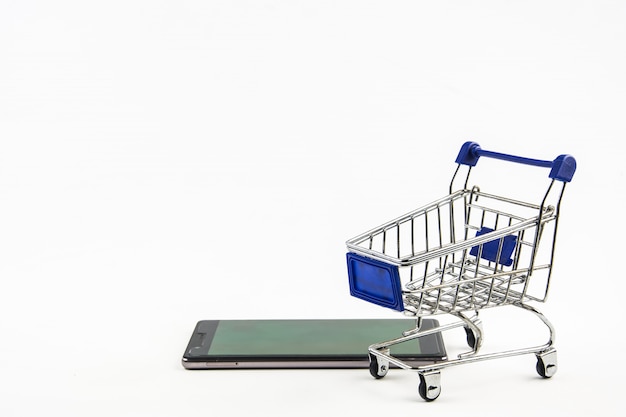 Smartphone with shopping cart on white background