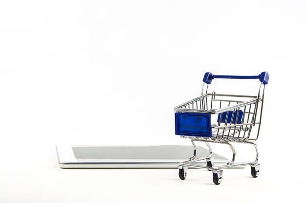 Smartphone with shopping cart on white background