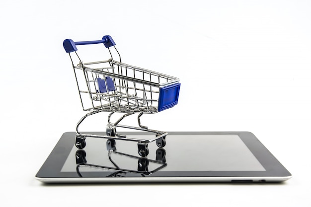 Smartphone with shopping cart on white background