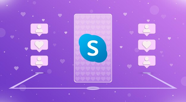 Smartphone con logo skype e notifiche like sui lati 3d