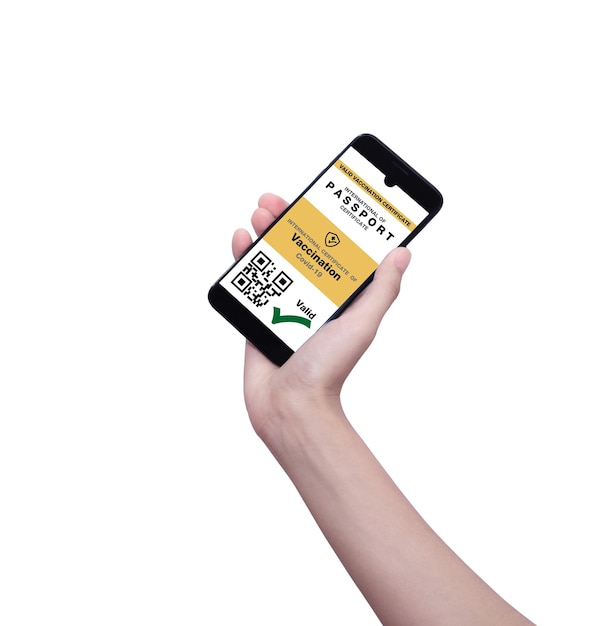 有効な予防接種のスマートアプリと白い背景のパスポート認証を備えたスマートフォン監視と全国旅行のための疾病免疫コロナウイルスパスポート