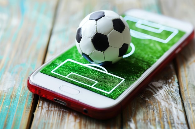 Photo smartphone with soccer ball on a wooden table concept online broadcast football game