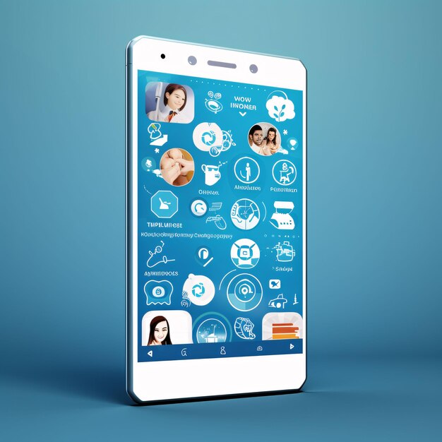 Photo smartphone with social media icons on the screen 3d rendering