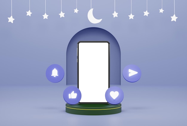 Smartphone con icona di social network 3d sul podio in ornamento blu sfondo islamico con stelle