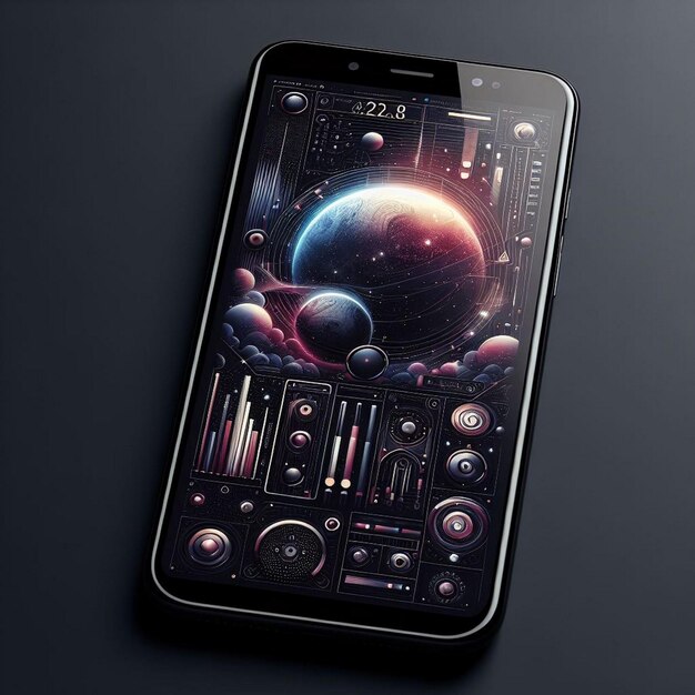 a smartphone with a space theme on it