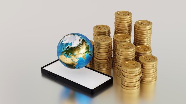 Smartphone with stack of coins and globe earth world business\
concept 3d rendering element by nasa