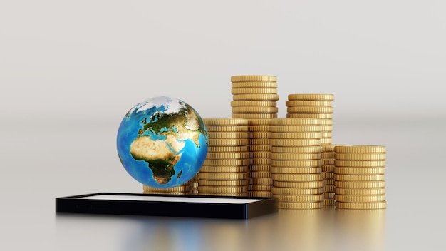 Smartphone with stack of gold coins and globe or earth world
business concept 3d rendering by nasa