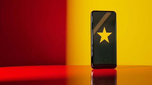 Смартфон с значком звезды на экране, драматически освещенный на красно-желтом фоне