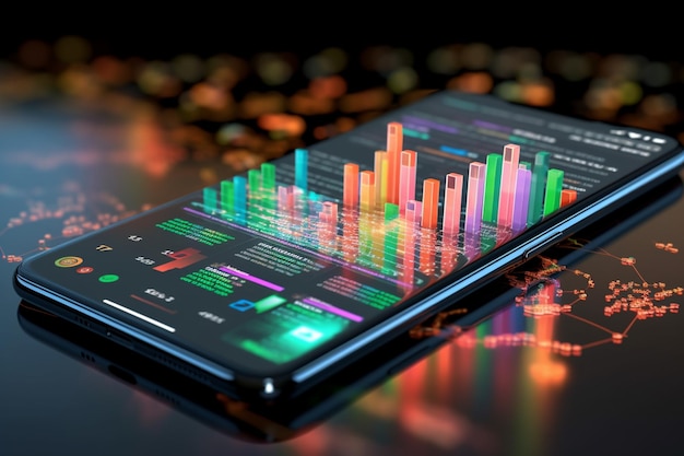 Smartphone with stock market chart on screen 3d rendering