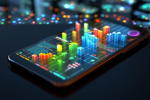 Smartphone with stock market chart on screen 3d rendering