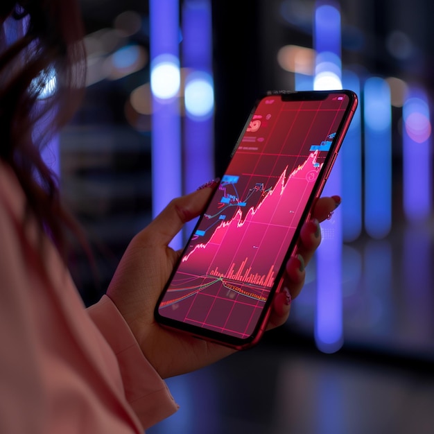 smartphone with stock market chart on screen in businesswoman hand female hand holding smartphone