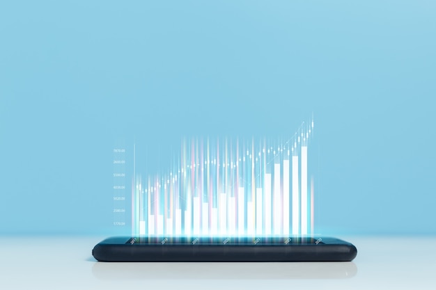 Смартфон с торговым графиком. диаграмма анализа биржевого маркетинга. информация статистика диаграмма прибыли. инвестиционная и маркетинговая концепция.