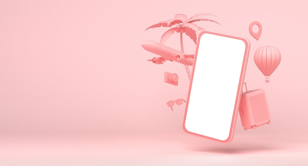 Smartphone with travel objects: plane, air balloon, palm tree, sunglasses, camera and bag on pink background. 3d rendering