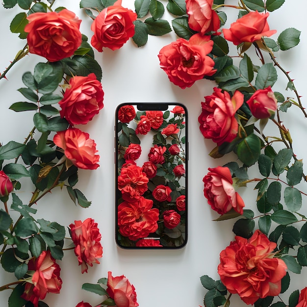 Smartphone with vibrant rose wallpaper surrounded by fresh flowers modern tech meets natural beauty ideal for design and tech projects AI