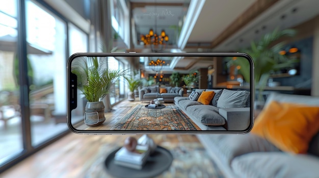 Photo a smartphone with a view of a living room