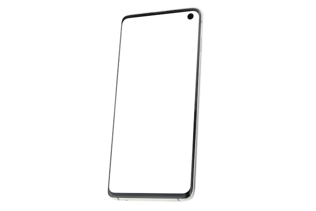 Foto smartphone con display bianco su sfondo bianco isolato. copyspace