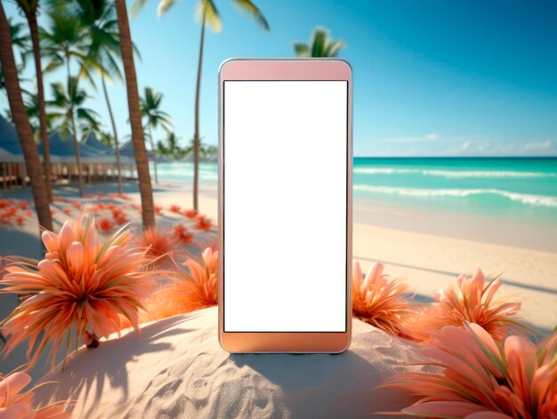 Foto smartphone con schermo bianco sulla spiaggia tropicale ai generativa