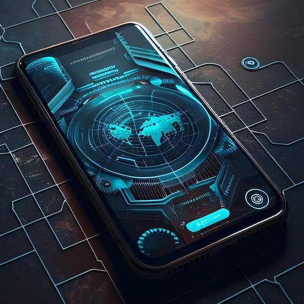 Smartphone with the world map on the screen 3d rendering