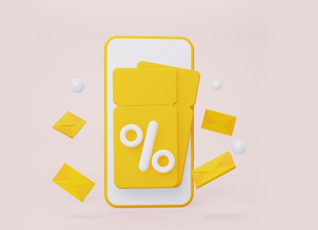 A smartphone with yellow coupons with a percentage sign 3d rendering