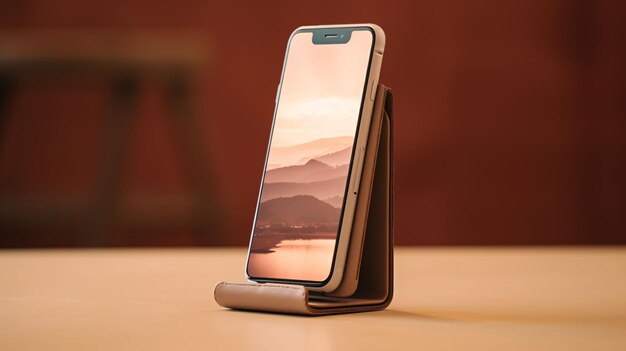 スマートフォンを木製のテーブルで山の背景で 3D レンダリング