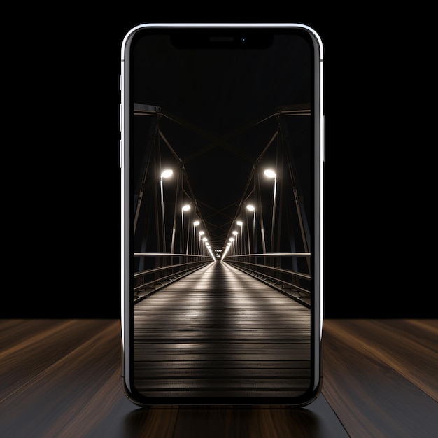 Smartphone on wooden floor and illuminated bridge 3D rendering