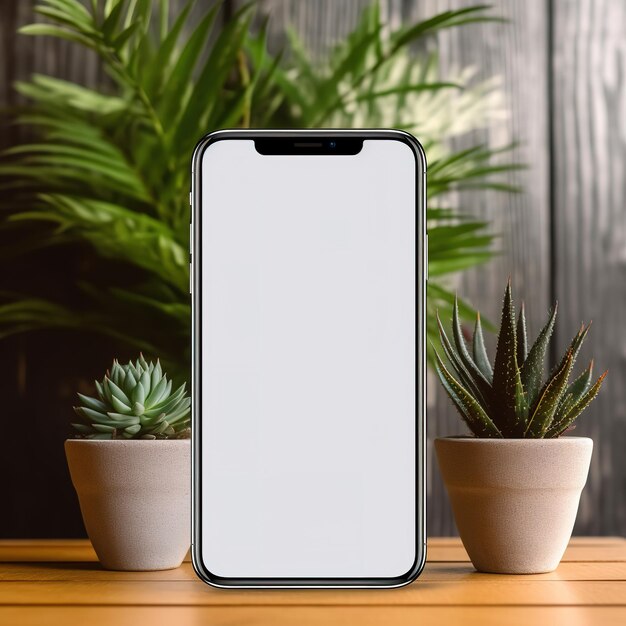 A smartphone on a wooden table with plant