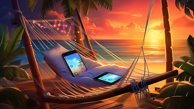Foto smartphone zit in een hangmat naast de oceaan generatieve ai