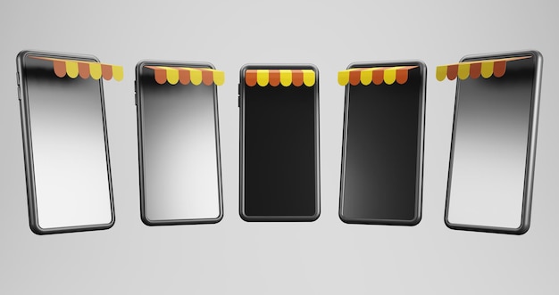 Smartphonemodel met winkelluifel op witte 3d illustratie als achtergrond