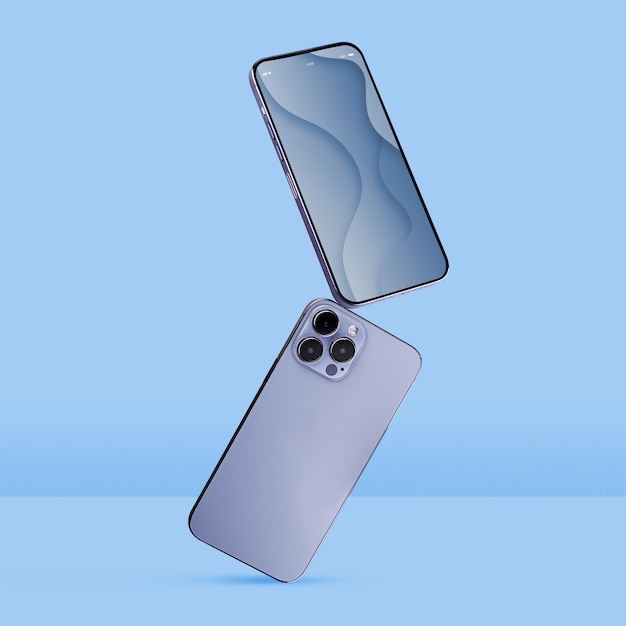 Foto smartphone in equilibrio con sfondo blu